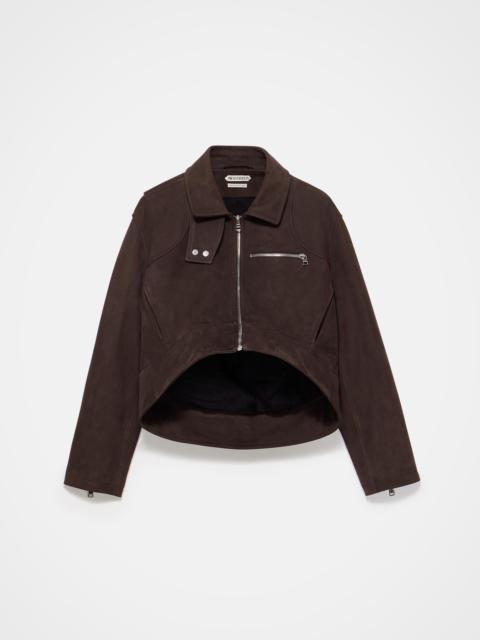 WOMENS CURVED HEM CROPPED BIKER JACKET IN BROWN