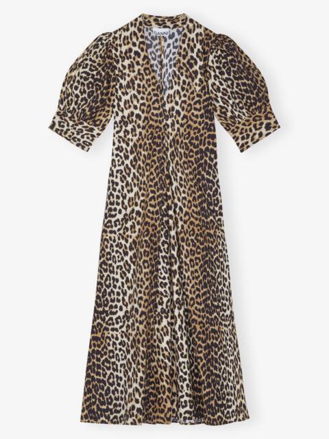 GANNI LEOPARD COTTON POPLIN V-NECK MAXI DRESS