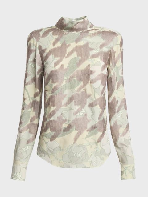 Conis Sequined Turtleneck Long-Sleeve Silk Shirt