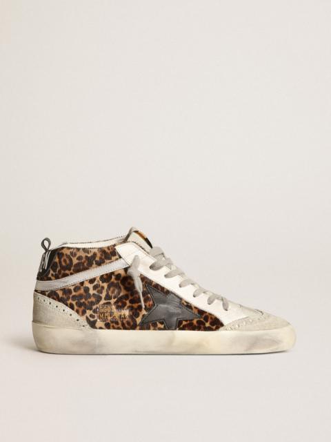 Golden Goose Mid Star sneakers in leopard-print pony skin with black leather star and silver laminated leather fl