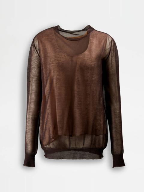 Tod's SEMI-TRANSPARENT ROUND NECK JUMPER - BROWN