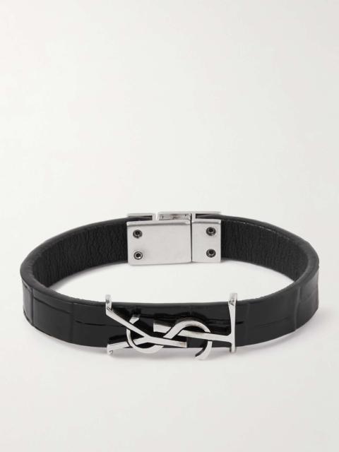 SAINT LAURENT Cassandre Croc-Effect Leather and Silver-Tone Bracelet