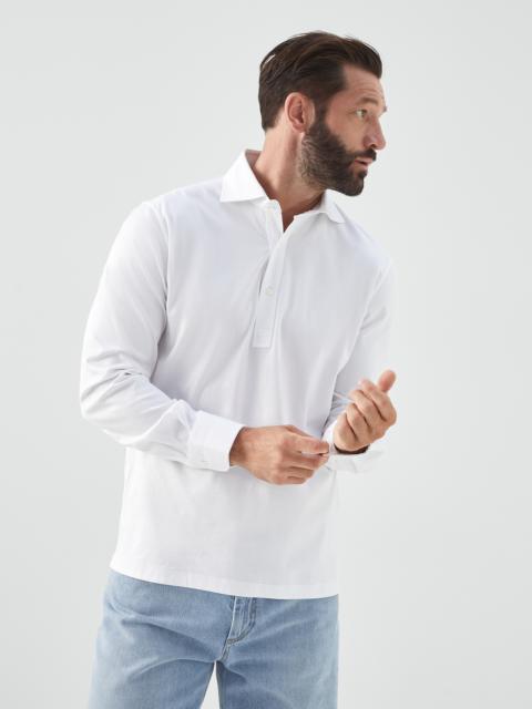 Cotton jersey long sleeve basic fit polo with shirt-style collar