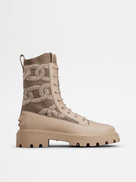 Tod's KATE COMBAT BOOTS IN FABRIC AND LEATHER - BEIGE