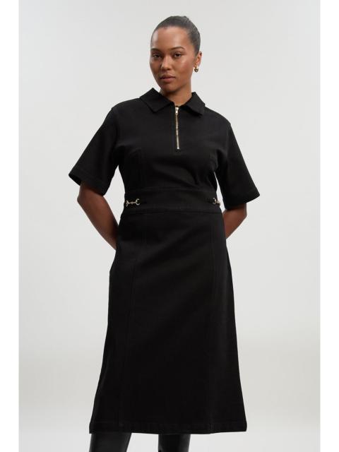 KAREN MILLEN Plus Size Stretch Denim Snaffle Trim Collared Midi Dress
