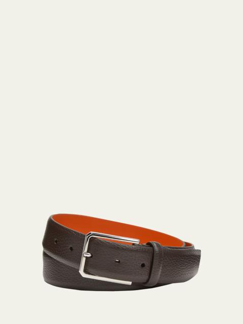 Santoni Men's Rectangle Buckle Grained Leather Belt