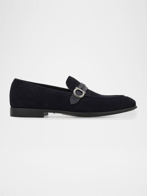 FERRAGAMO Men's Terence Gancio Ornament Leather-Strap Suede Loafers