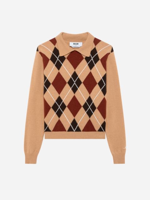 MSGM Cashmere wool blend sweater with argyle pattern and collar