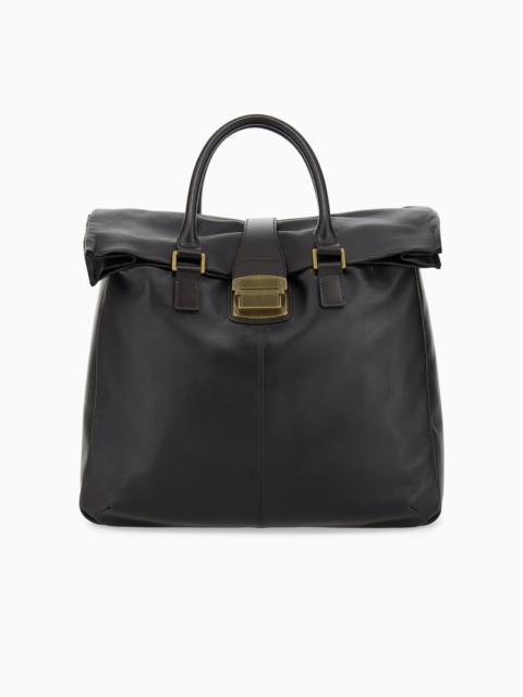 EMPORIO ARMANI LEATHER TOTE BAG WITH TOP HANDLES AND BUCKLE CLOSURE