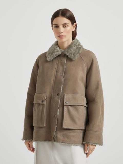 Brunello Cucinelli Fuzzy shearling outerwear jacket with shiny trim
