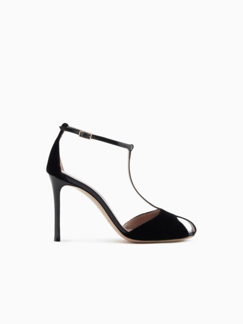 EMPORIO ARMANI VELVET AND PATENT-LEATHER T-BAR HEELED SANDALS