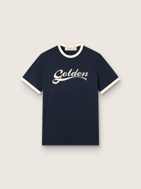 Golden Goose Men's T-shirt in blue cotton with Golden print
