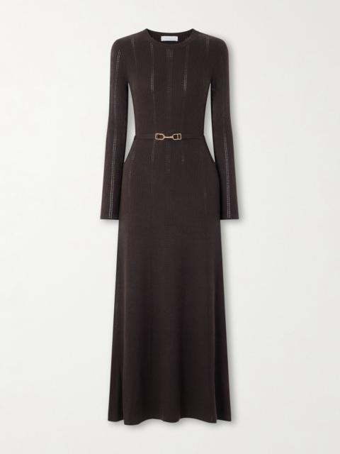GABRIELA HEARST Imagene belted ribbed pointelle-knit wool midi dress Brown