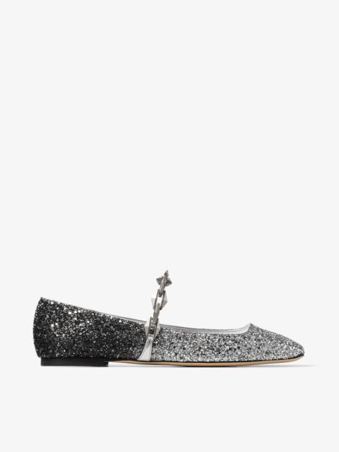 JIMMY CHOO Diamond Tilda Flat
Silver Coarse Glitter Flats with Diamond Chain