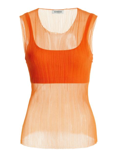 SIMKHAI Oakley Bralette-Detailed Plisse-Knit Tank Top orange
