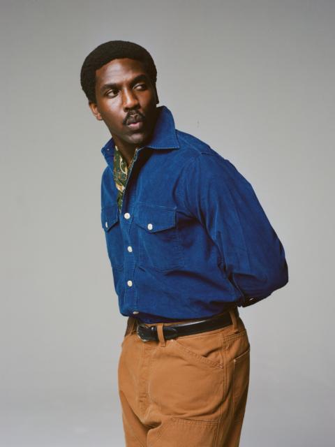 Drake's Navy Corduroy Two-Pocket Long Point Collar Work Shirt