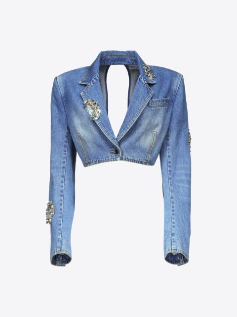 DISTRESSED CRYSTAL DENIM CROPPED BLAZER