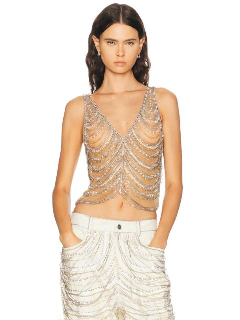 LAPOINTE Draped Crystal Embroidery V Neck Tank Top