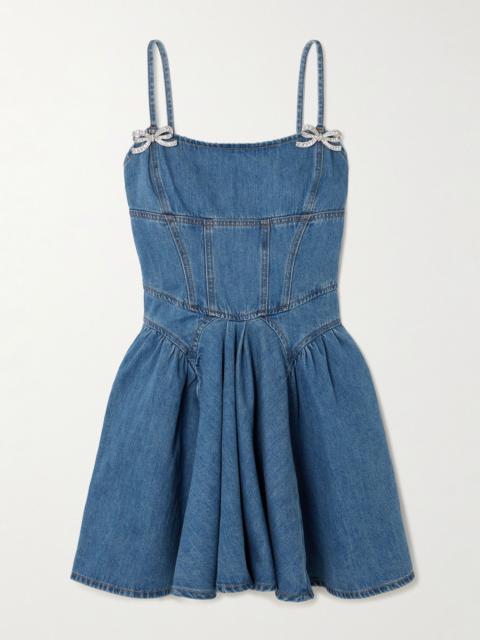 self-portrait Embellished paneled denim mini dress Blue