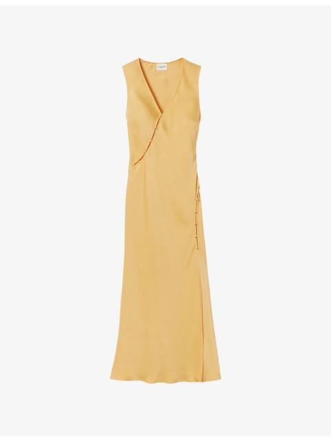 Claudie Pierlot V-Neck Button-Embellished Satin Maxi Dress
