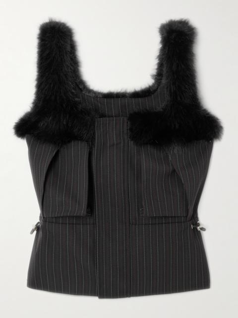 sacai Plush-trimmed Striped Woven Top