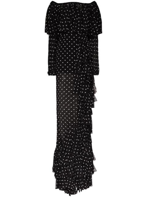 Balmain off-the-shoulder ruffled polka-dot gown