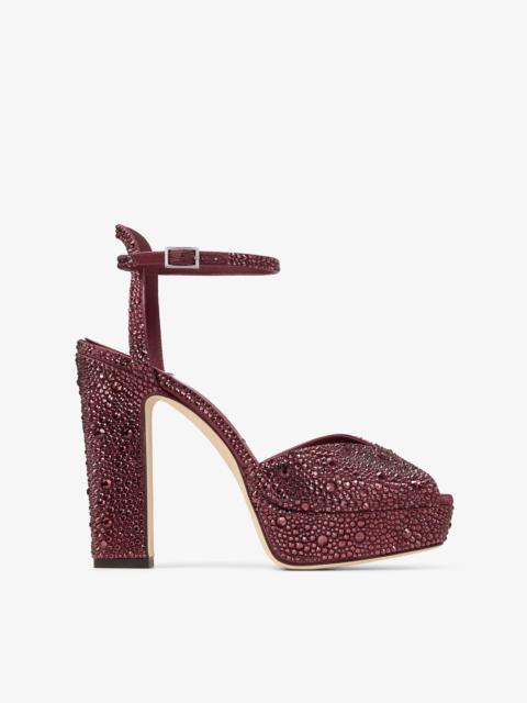 JIMMY CHOO Sacaria Platform 120 Deep Merlot Satin Platform Sandals with Dégradé Crystals
