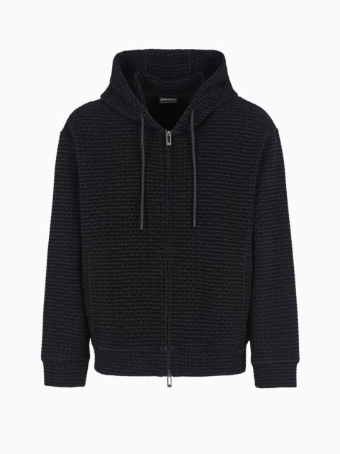 EMPORIO ARMANI Double-jersey hooded zip-up sweatshirt with all-over flocked lettering