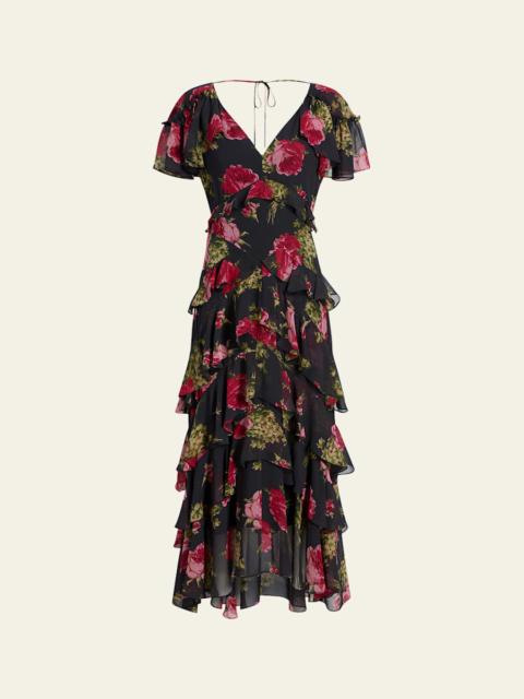 Cinq à Sept Baroque Roses Tatum Tiered Ruffle Midi Dress