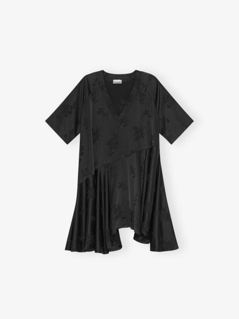 GANNI BLACK FLORAL SATIN JACQUARD OVERSIZED MINI DRESS