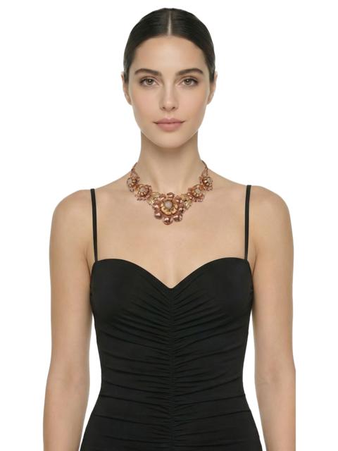 NORMA KAMALI THREE TONED BRASS FLORAL NECKLACE WITH CRYSTAL CENTER