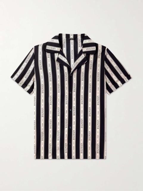 Balmain Camp-Collar Logo-Print Striped Cotton-Poplin Shirt