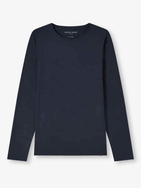 Derek Rose Men's Long Sleeve T-Shirt Basel Micro Modal Stretch Navy