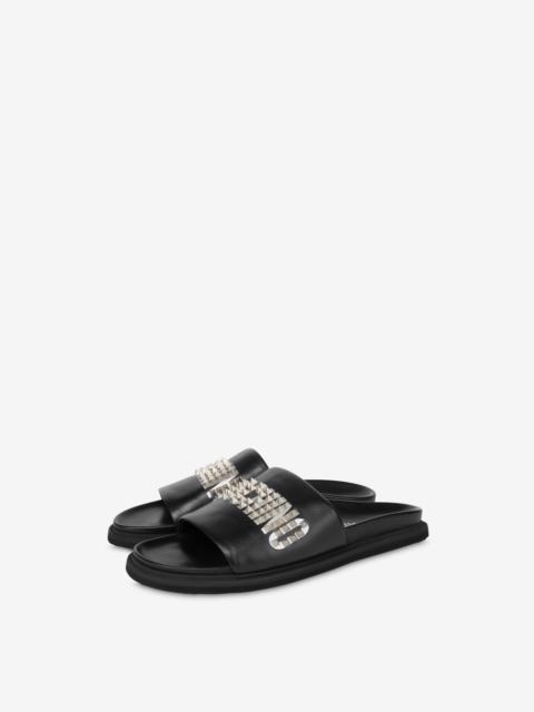 Moschino STUDDED LOGO NAPPA LEATHER POOL SLIDERS
