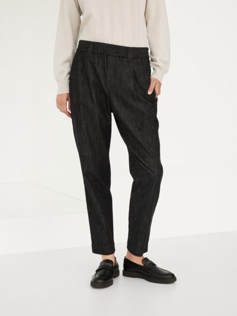 Brunello Cucinelli Dark polished denim baggy trousers with shiny loop details