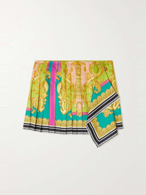 VERSACE Pleated draped printed silk-satin mini skirt