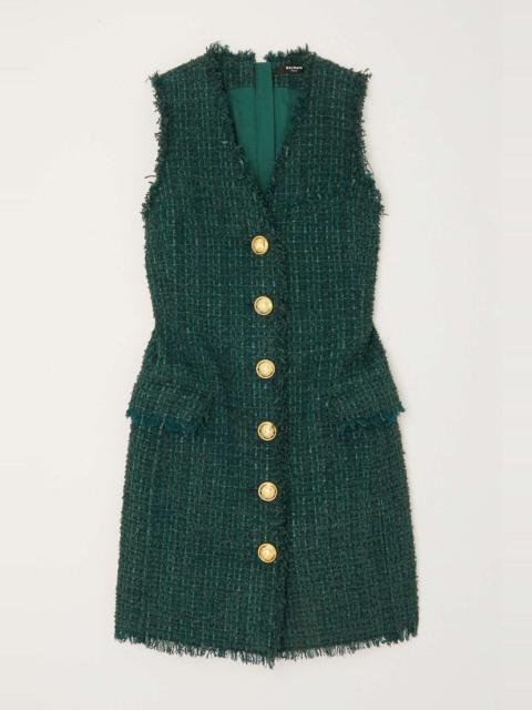 Button-embellished tweed mini dress