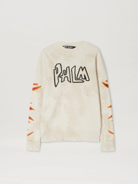 GARMENT DYE PALM GRAFFITI FLAMES SWEATSHIRT