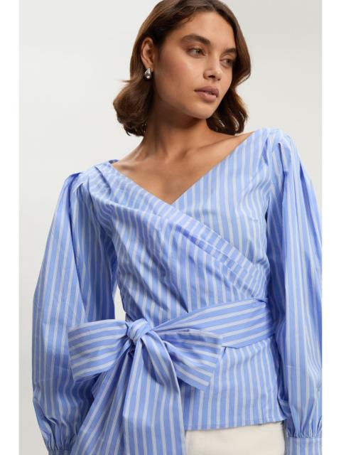 KAREN MILLEN Stripe Cotton Poplin Cold Shoulder Woven Wrap Detail Blouse