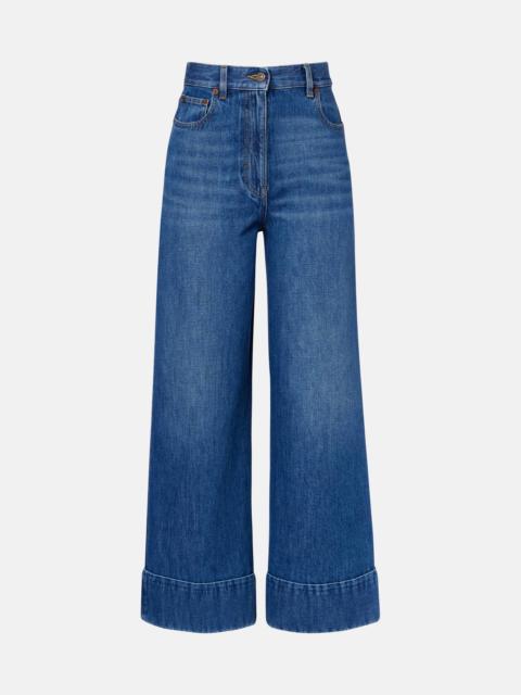 Valentino Leather-trimmed wide-leg jeans