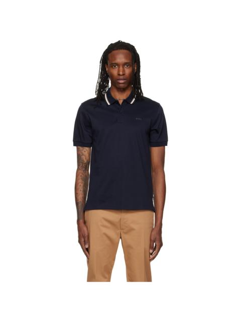 BOSS Navy Striped Collar Slim-Fit Cotton Polo