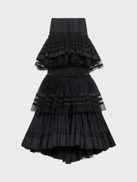 Blumarine LONG PLEATED TAFFETA SKIRT WITH LACE INSERTS AND TULLE FLOUNCES.