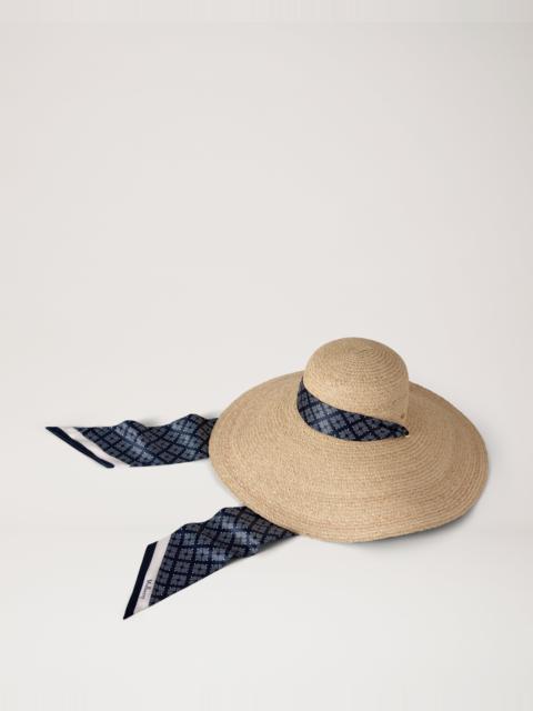 Mulberry Raffia Scarf Tie Sun Hat Beige 100% Raffia