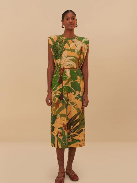 FARM RIO Beige Tropical Isla Padded Shoulders Midi Dress
