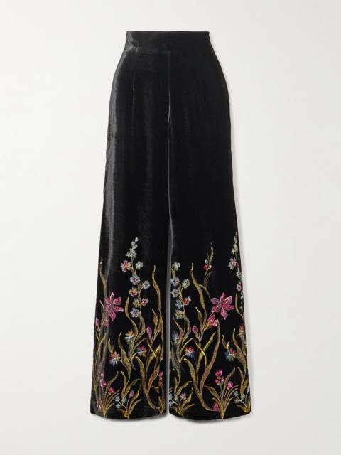 LORETTA CAPONI Cipro Embroidered Velvet Straight-leg Pants