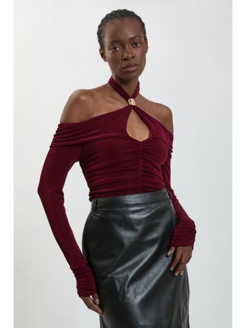 KAREN MILLEN Drapey Crepe Off The Shoulder Ruched Metal Hardware Top
