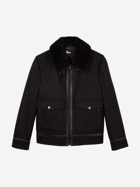 The Kooples NAVY WOOL JACKET WITH SHERPA COLLAR