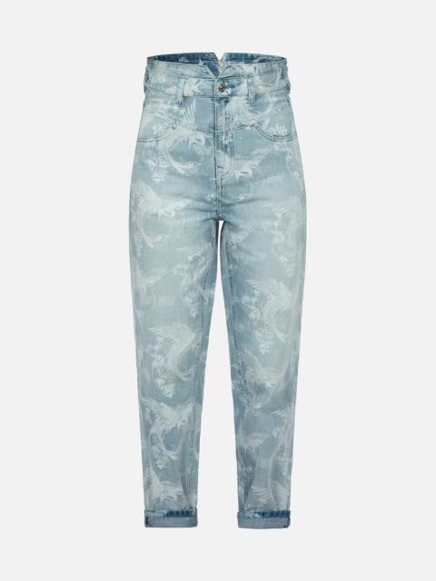 EVISU LASER-PRINT ALLOVER PEACOCK DENIM TAPER JEANS