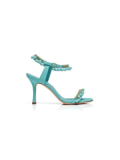 Manolo Blahnik Blue Suede Jewel Embellished Sandals