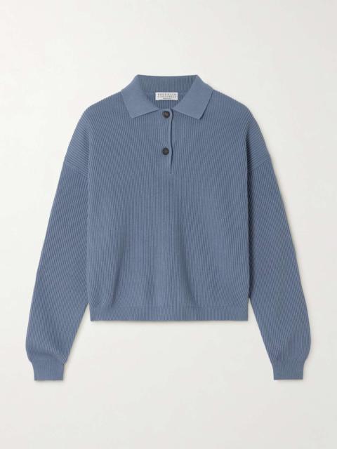 Bead-embellished ribbed cotton sweater Blue